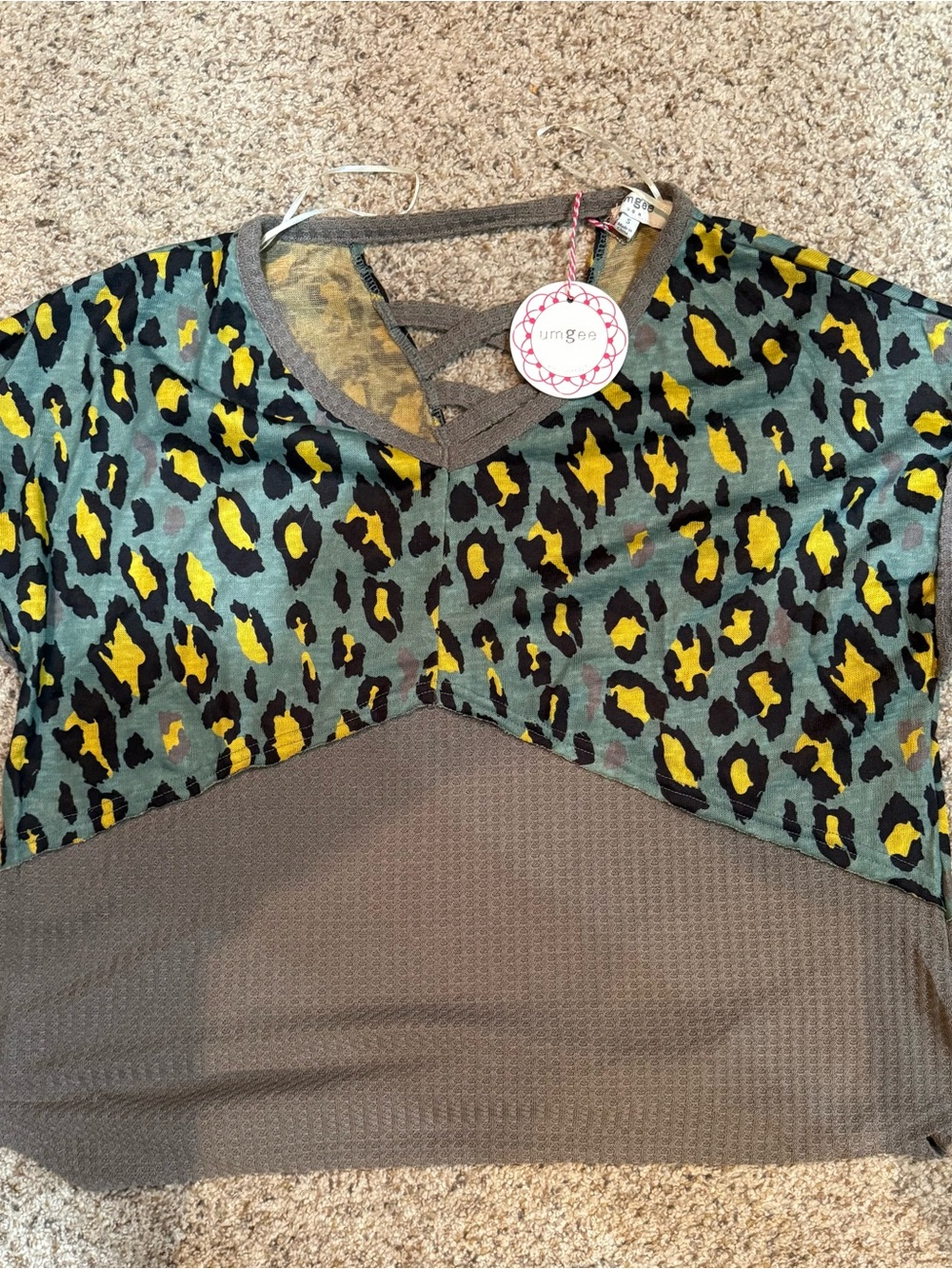 Jungle Print Contrast Womens ' Top - Green & Yellow and waffle knit brown